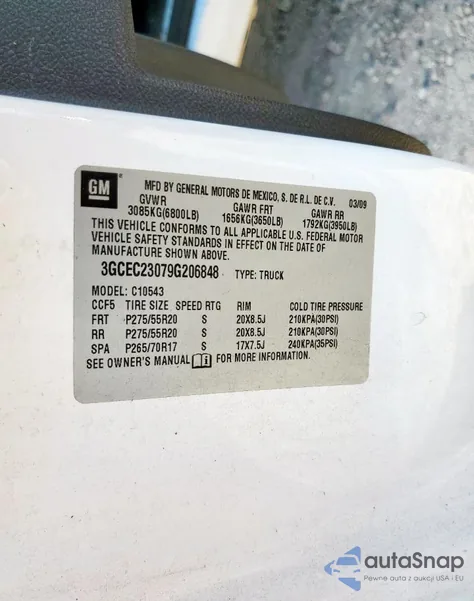 2009 Chevrolet Silverado C1500 Lt z USA, uszkodzony, nr VIN 3GCEC23079G206848